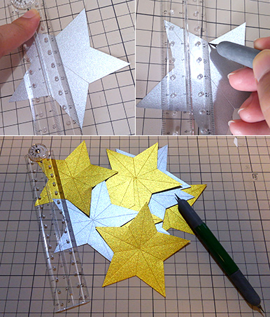 鉄筆で折り線を入れる　キラキラ立体星ガーランドの作り方