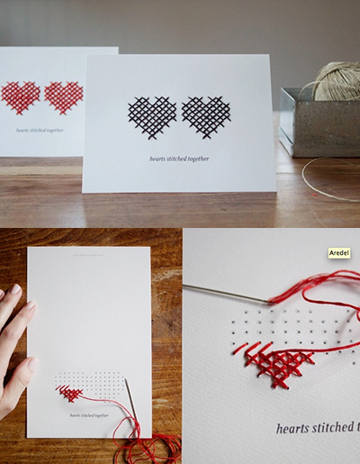 カラフルな紐を縫い込んだ　素敵なバレンタインカード　手作りアイデア