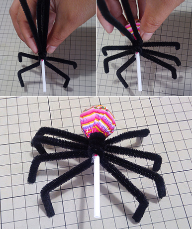 モールを巻き付ける　スパイダーキャンディーの作り方　ハロウィン飾りDIY　クモのキャンディー　チュッパチャップス