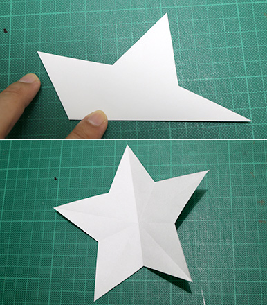 星形の5つの角全てに折り目を入れる　立体的な星形オーナメントの作り方