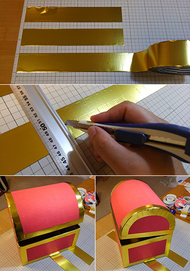 コーナー部分に金の布テープを貼る　宝箱の作り方　いらない段ボール箱で作る