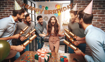 男友達にクラッカーで誕生日サプライズされる女性