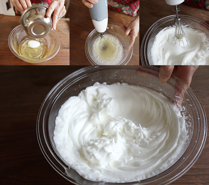 2．卵白にグラニュー糖（20g）を入れて、泡立てて、メレンゲを作ります。　シフォンケーキの作り方