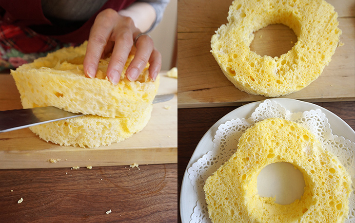 シフォンケーキの厚みを半分に切り、下の段になるケーキをお皿に乗せます。　シフォンケーキの作り方