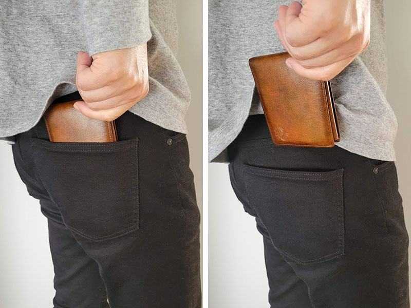 「PATINA ２つ折り財布（ブラウン）」をレビュー　ジーンズ着用時の使用イメージ