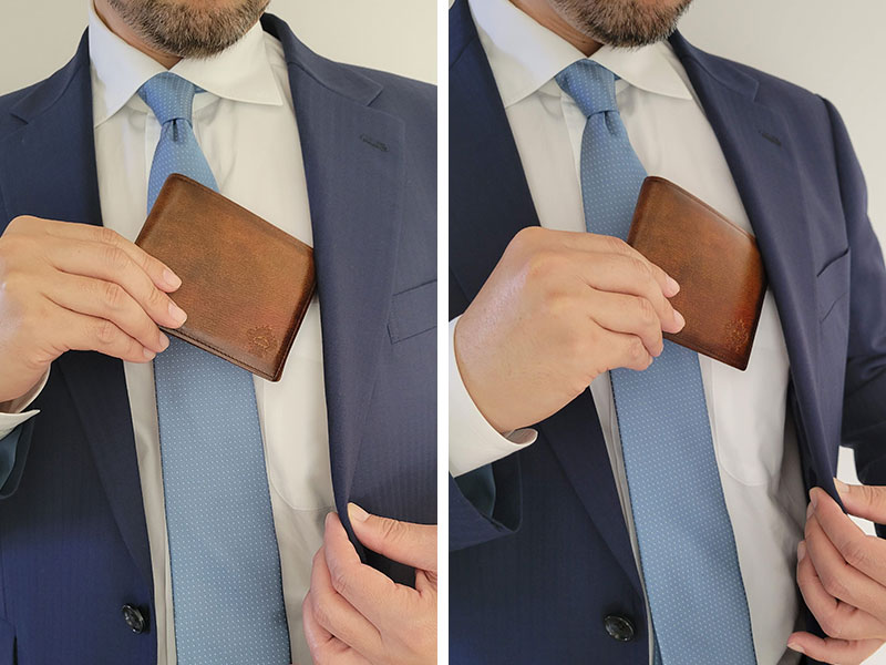 「PATINA ２つ折り財布（ブラウン）」をレビュー　スーツ着用時の使用イメージ