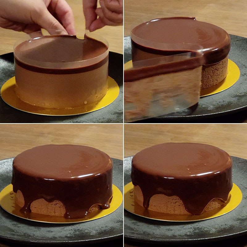 チョコか滴る！映えチョコケーキ「DANDELION CHOCOLATE／H₂O CHOCOLATE ムース」シートを剥がしてチョコが滴るシーン
