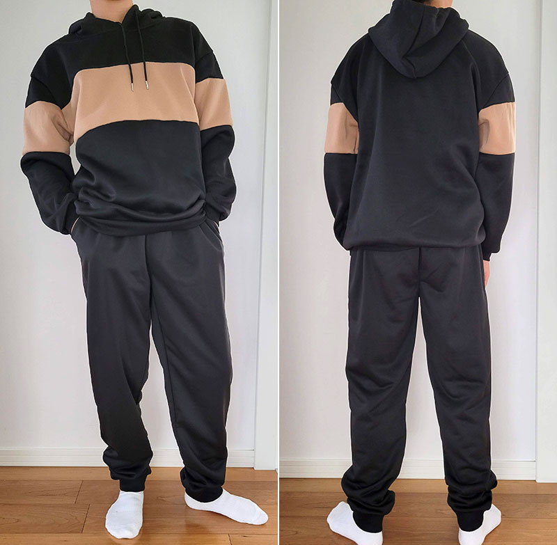 SHEIN（シーイン）商品レビュー　男性 ツートーン ドローストリング サーマルライド パーカー　男性 スラントポケット ドローストリングウエスト スウェットパンツ　着用イメージ