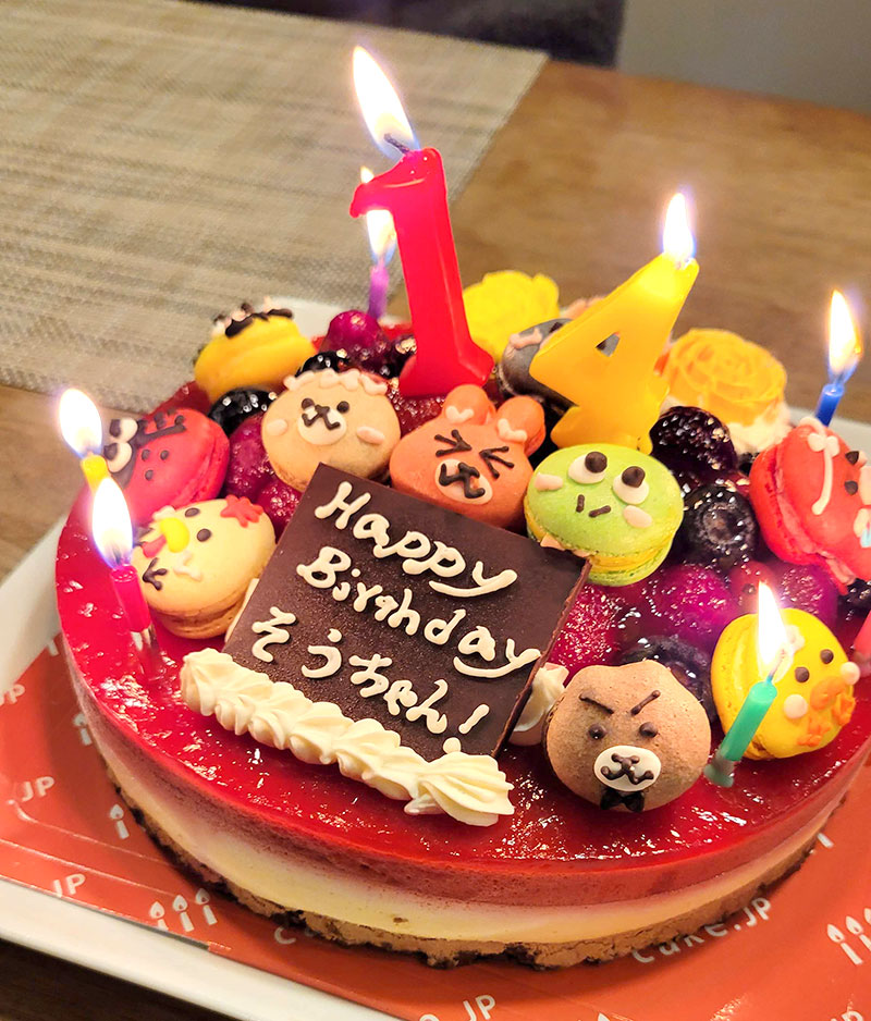 実際にお祝いした時のケーキ　動物マカロンがかわいい！誕生日ケーキ