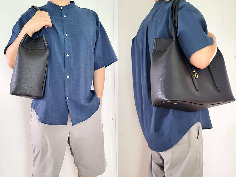 ETiAM（エティアム） シュリンクトートバッグ を大人の男性が着用しているイメージ