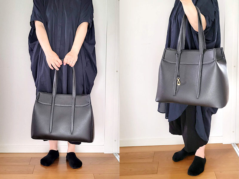 ETiAM（エティアム） シュリンクトートバッグ を大人の女性が着用しているイメージ
