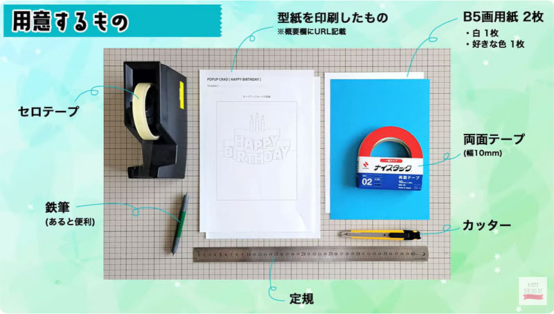 バースデーケーキ風にHAPPY BIRTHDAYの文字が飛び出す！ポップアップカードの作り方　用意するもの