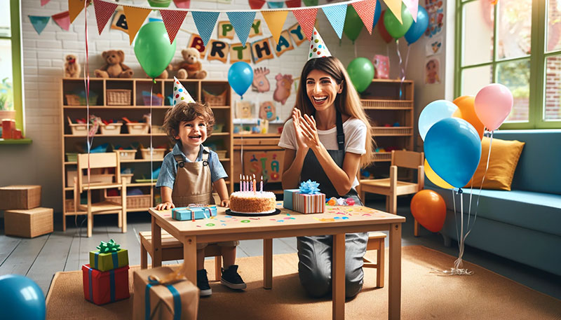 2歳の誕生日の男の子をお祝いする保育園の先生