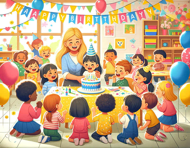3歳の誕生日をお祝いする保育園の先生と子どもたち