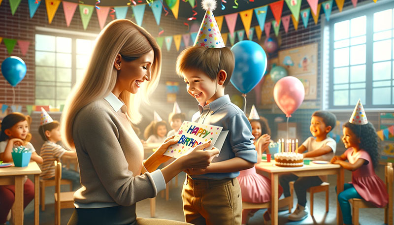 5歳の誕生日の男の子に誕生日カードをプレゼントする保育園の先生