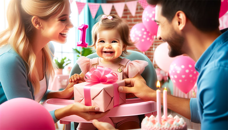 １歳の誕生日プレゼントをパパとママにもらって喜ぶ女の子