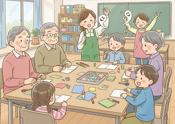 自治体や福祉施設で高齢者や子供向けのワークショップを開催しているシーン