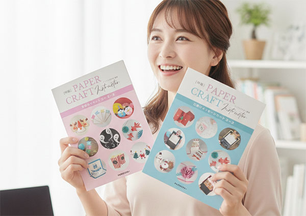 ペパクラプラスのペーパークラフトインストラクター講座のテキストを手に希望に溢れる女性