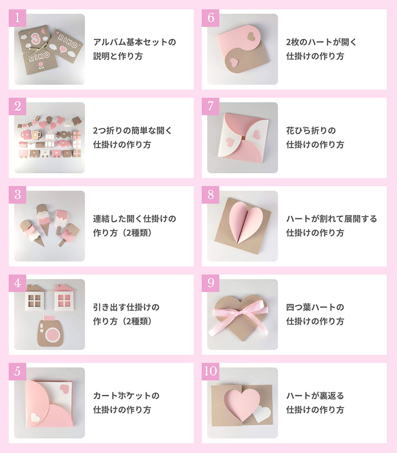 ペパクラプラスの認定講座　仕掛けアルバムコース【初級】の詳しい内容　作れる作品の一覧表